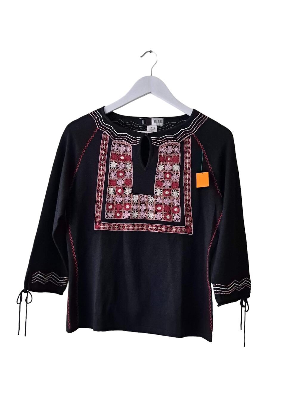 Bill Blass Womens Black Multicolored Embroidered Top w Keyhole Neckline - Size S